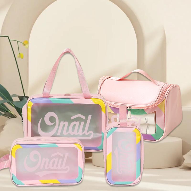 ONAIL Colorful Women's Travel Toiletries Bag 4-Piece Set with Handle, Large Capacity Translucent Waterproof Travel Cosmetic Bag, Durable PVC Material Makeup Pouch Zipper