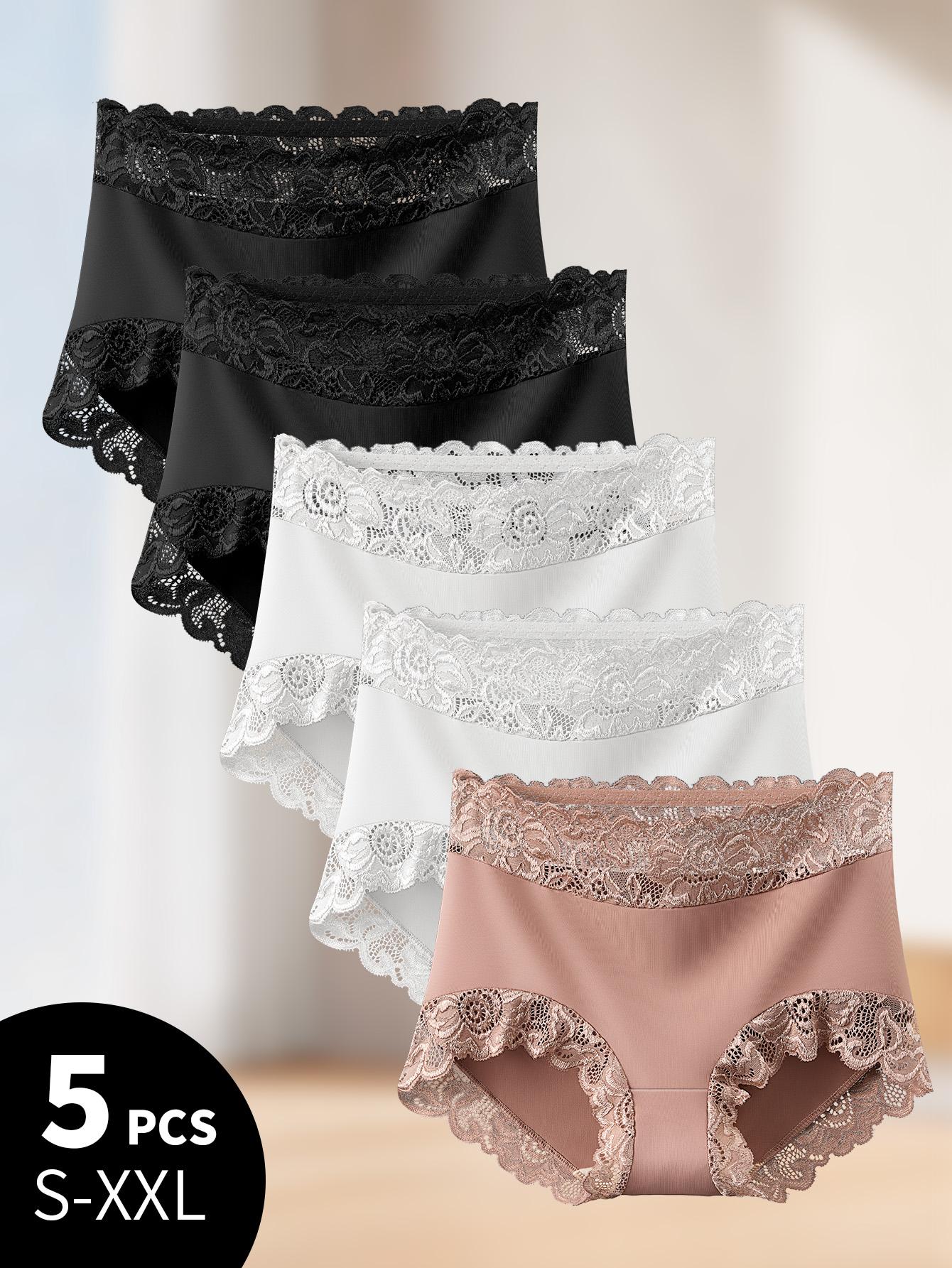 QUASTI 5 Piece Mid-Waisted Contrast Lace Underwear For Elegant Ladies - Full-brief Semi-Sheer Panties with High-Waistband, Soft Stretch Comfortable & Elegant Lace Lingerie, S-XXL SpringStatements