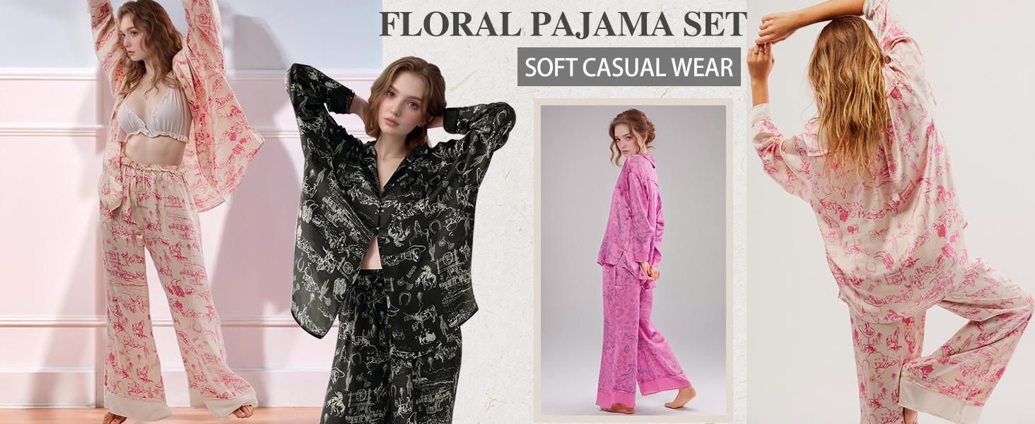 Yimoon  2 Piece Satin Pajama Set for Women Silk Pajamas Set  Floral Pj Set Long Sleeve Button Down Pjs Sleepwear