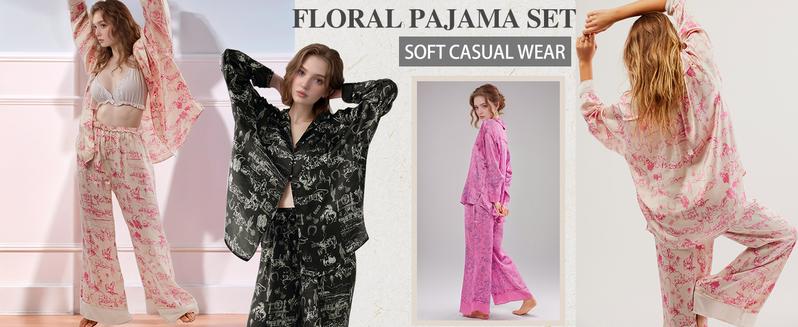 Yimoon  2 Piece Satin Pajama Set for Women Silk Pajamas Set  Floral Pj Set Long Sleeve Button Down Pjs Sleepwear