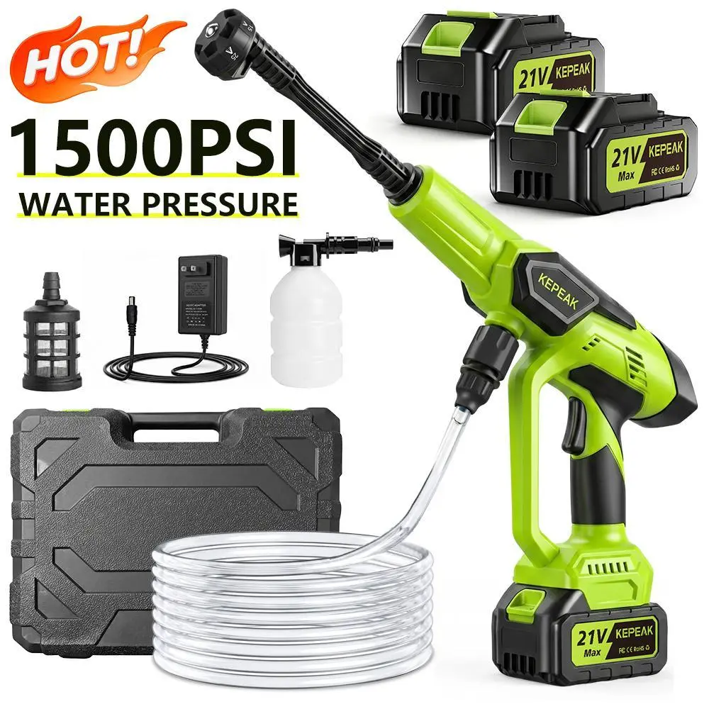 【Back to School】KEPEAK Portable Pressure Washer Full Kit, 1500 PSI 21V 200W High-Power Cordless Plastic Cleaner with 13000mAh Batteries, Foam Cannon, Multi-Spray Water Sprayer Nozzle, Power Washer Attachment for Outdoor Cleaning