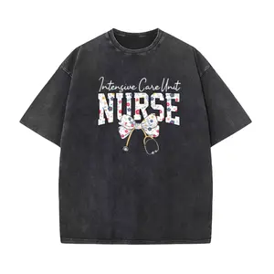 ICU Nurse T-Shirt – Washed Cotton Tee Featuring Stethoscope and Flower Bow