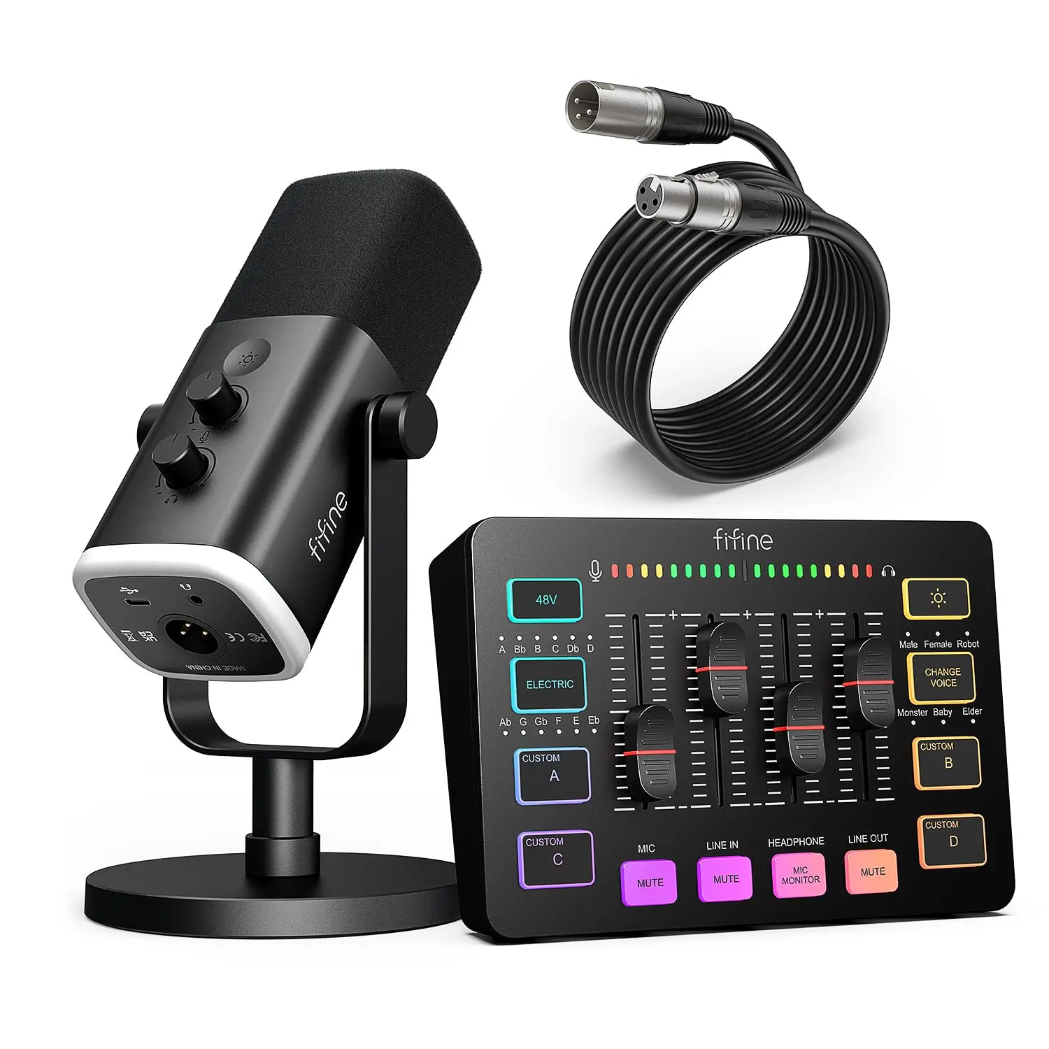 fifine Gaming Streaming Bundle, AM8 Dynamic XLR/USB Gaming Mic Set with SC3 Streaming Audio Mixer for Podcast Recording, Video, Vocal, Content Creators, Gamer microphone Set with Volume Fader/XLR Interface for PC / Smartphone