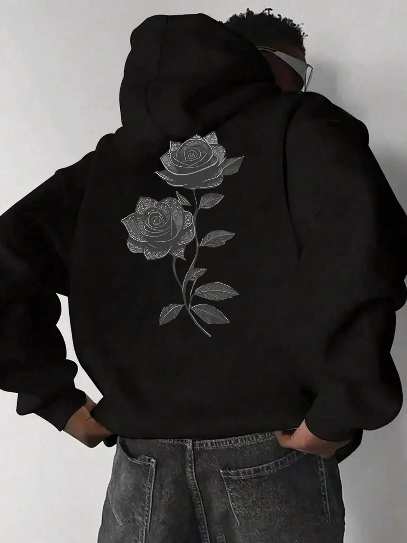 Vintage Grey Sketch Rose Back Print Hoodie, 270G Brushed Fleece Minimal Floral Aesthetic Black Hooded Sweatshirt, Gothic Casual Streetwear Pullover For Men Women