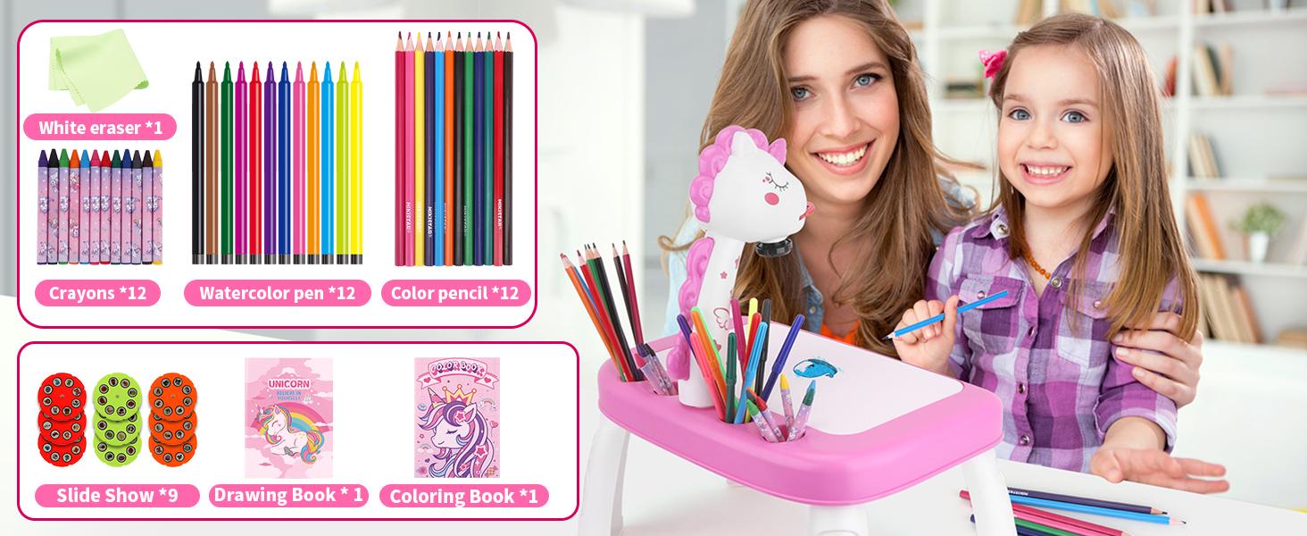 Drawing Projector for Kids, Art and Crafts, Drawing Board with Music, Color Pens, Pencils, Crayons, Scrapbook, Unicorn Sticker Book, Ideal Toy for 3+ Year Old Girls & Boys (Unicorn Kit)