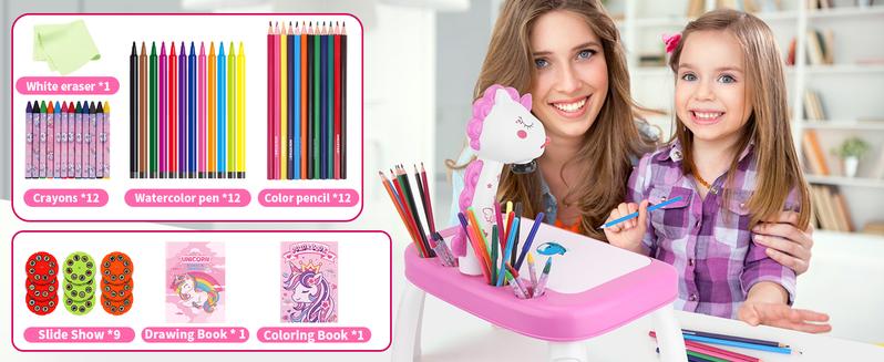 Drawing Projector for Kids, Art and Crafts, Drawing Board with Music, Color Pens, Pencils, Crayons, Scrapbook, Unicorn Sticker Book, Ideal Toy for 3+ Year Old Girls & Boys (Unicorn Kit)