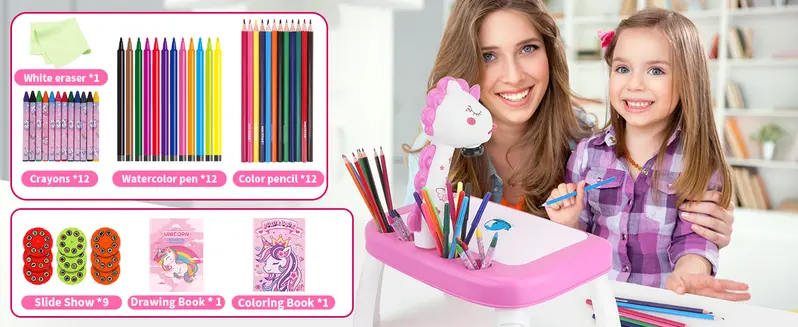 Product Introduction of Drawing Projector for Kids, Art and Crafts, Drawing Board with Music, Color Pens, Pencils, Crayons, Scrapbook, Unicorn Sticker Book, Ideal Toy for 3+ Year Old Girls & Boys (Unicorn Kit) 4