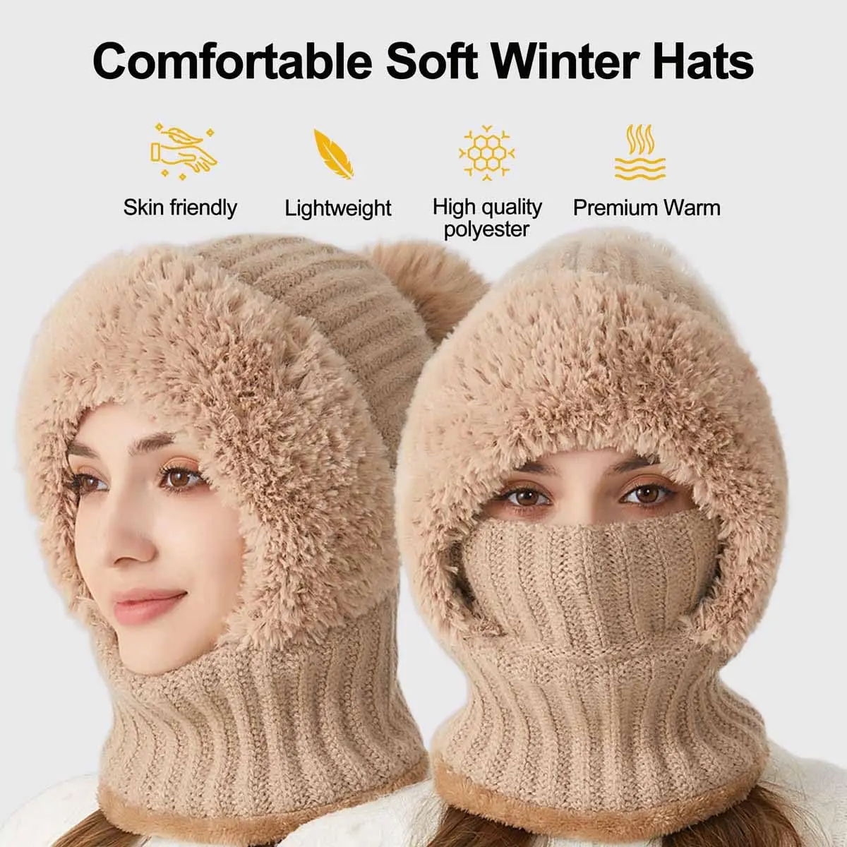 Women’s solid-color beanie hat with pom-pom decoration; casual warm thickened knit hat for fall and winter; fashion accessories for women and girls—bonnet with bunny ears bonnet.