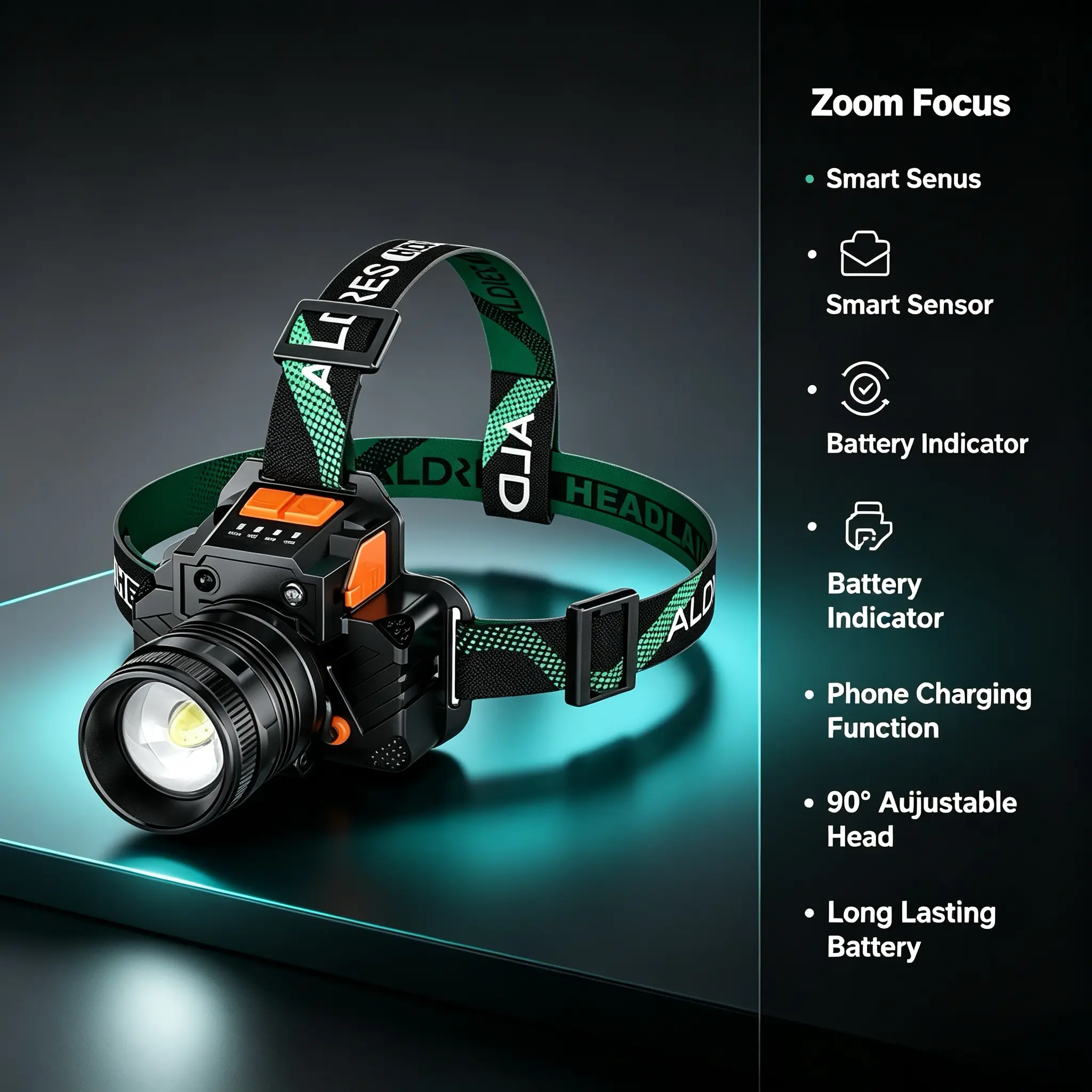 Unisex Rechargeable Outdoor LED Headlamp - Zoomable, Motion Sensor, USB Phone Charging, 90° Adjustable Head, Battery Power Indicator, for Camping, Emergency Use