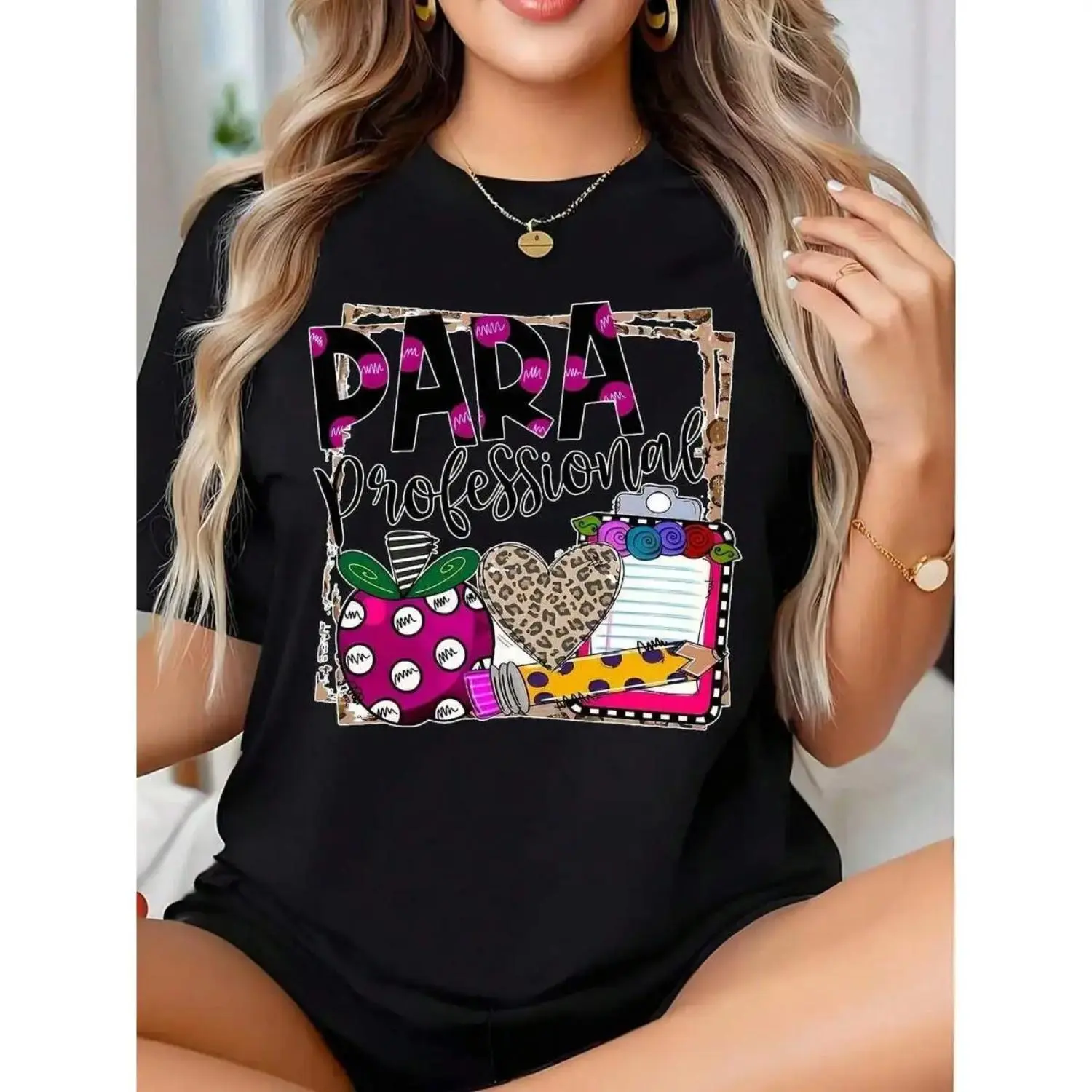 Para Professional Teacher Gift Cotton T-shirt Featuring Apple And Leopard Print Design For Education Workers And School Staff Perfect Choice