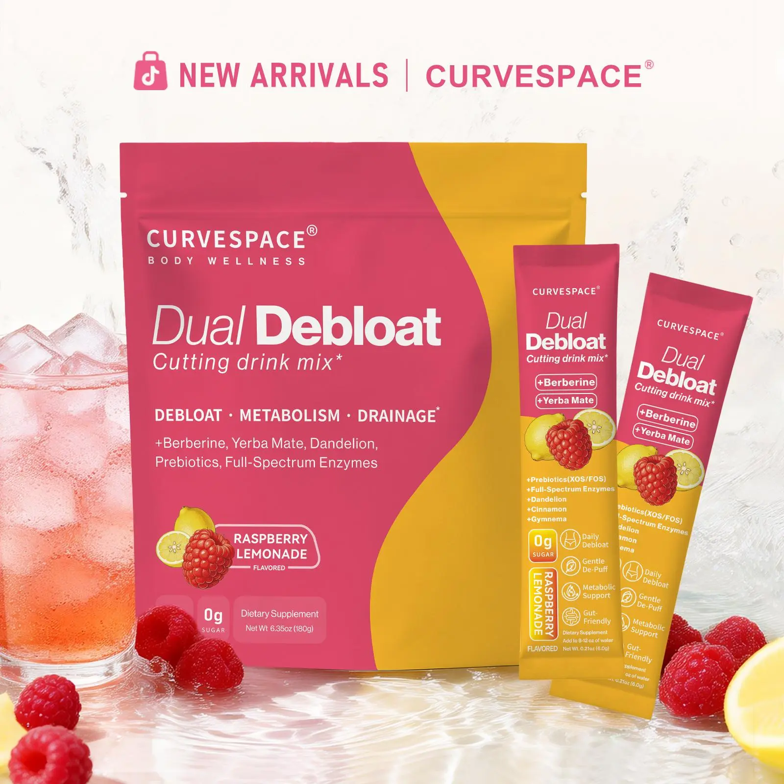 Curvespace Dual Debloat Cutting Drink Mix | Gut & Digestion Support with Berberine, Yerba Mate & Prebiotics (XOS/FOS), Digestive Enzymes & Gymnema, Dandelion, Cleavers,— Raspberry Lemonade, 0g Sugar, 30 Packets