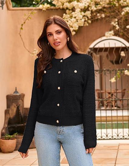 GRACE KARIN Womens Open Front ButtonDown Long Sleeve Texture Knit Cardigan Sweaters with Pockets