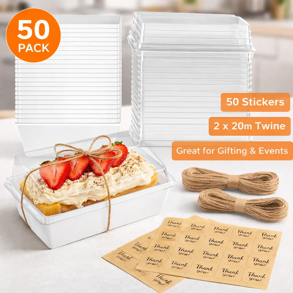 50 Pack 6”x3” White Dessert Boxes with Clear Lids – Small Paper To Go Containers for 2 Cupcakes, Muffins, Sandwiches, Strawberries – Charcuterie Treat Boxes