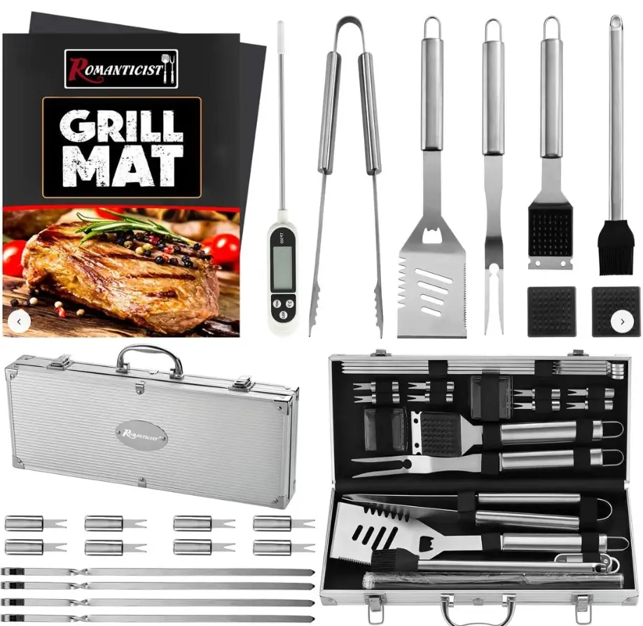 ROMANTICIST BBQ Grill 23pcs Accessories Set with Thermometer in Case Stainless Steel Barbecue Tool Kit for Backyard Camping Father's Day Gift Aluminum kitchen gadgets kitchen items grills father's day gift