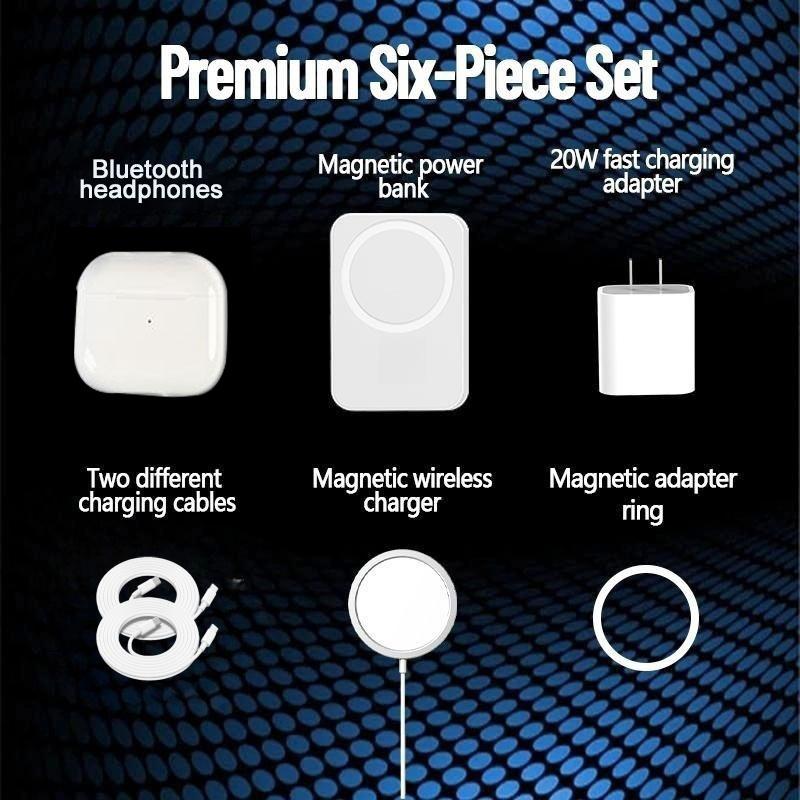 【Back-to-school gift】Upgraded 6-in-1 Magnetic Charging & Audio Kit – 20W Fast Charge Power Bank, Wireless Charger, Bluetooth 5.3 Earbuds, Type-C & Lightning Cables, Adapter, Enhanced Magnetic Ring, All-in-One Travel Set for Android & iOS Devices