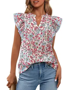 BTFBM Womens Tops Dressy Casual 2026 Spring Summer Shirts Boho Floral V Neck Ruffle Cap Sleeve Business Work Blouses