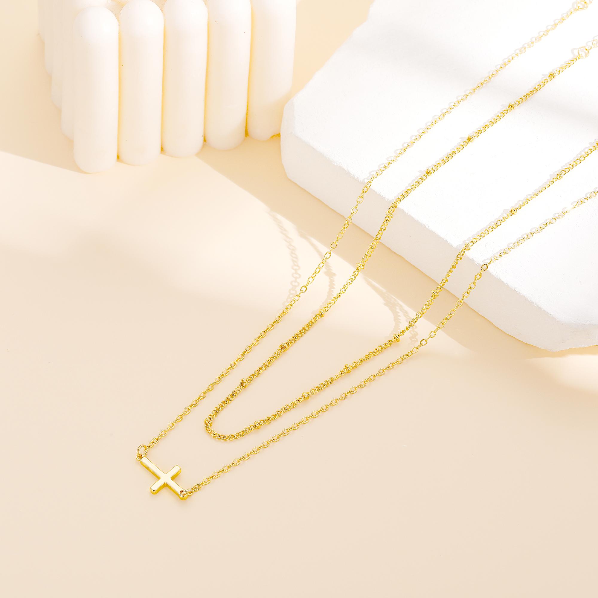 17KM 14K Gold Plated Layered Cross Necklace for Women , Dainty Small Pendant Choker, Trendy Faith Religious Jewelry, Minimalist Mother's Day Gift