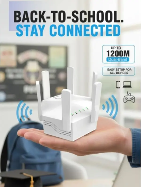 SummerWins AC1200 Dual Band WiFi Signal Booster - 6-Antenna WiFi Repeater, 12,000 sq ft Coverage, Supports 100+ Devices, Ethernet Port for Home/Office Use