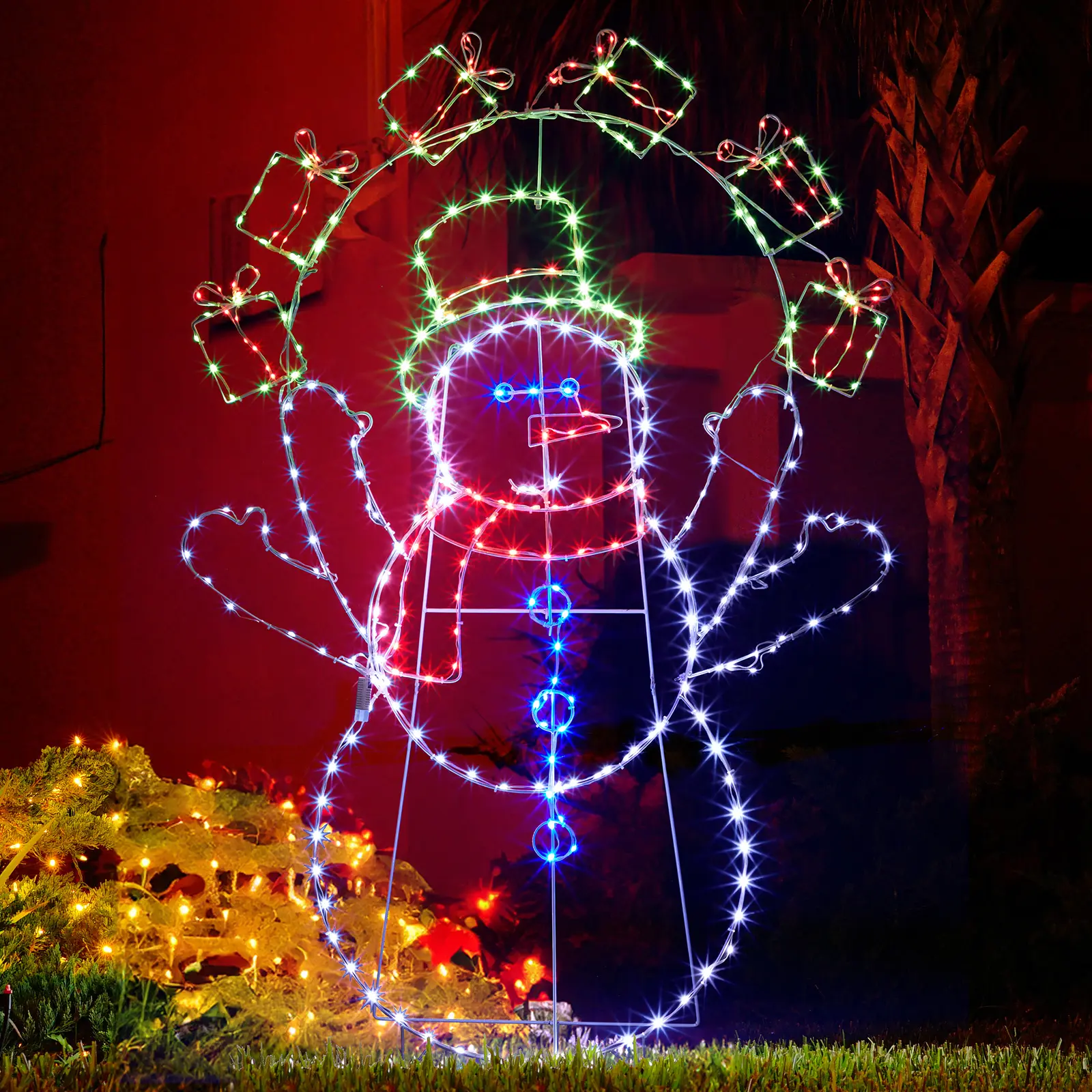 5FT Waterproof Lightweight Pre-lit Juggling Snowman Christmas Lighted Decoration - 2D Animated Rustproof Metal Frame, 358 Multicolor LED Lights, Stakes for Outdoor & Indoor Holiday Displays (All Ages Festive Decor)