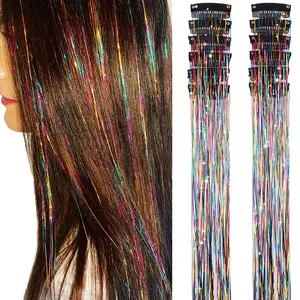 Rainbow Color Hair Tinsel Pack of 12 Pcs Glitter Hair Accessories 20 Inch Clip in Extensions for Women Girls Party Kit Easy Install Non Toxic