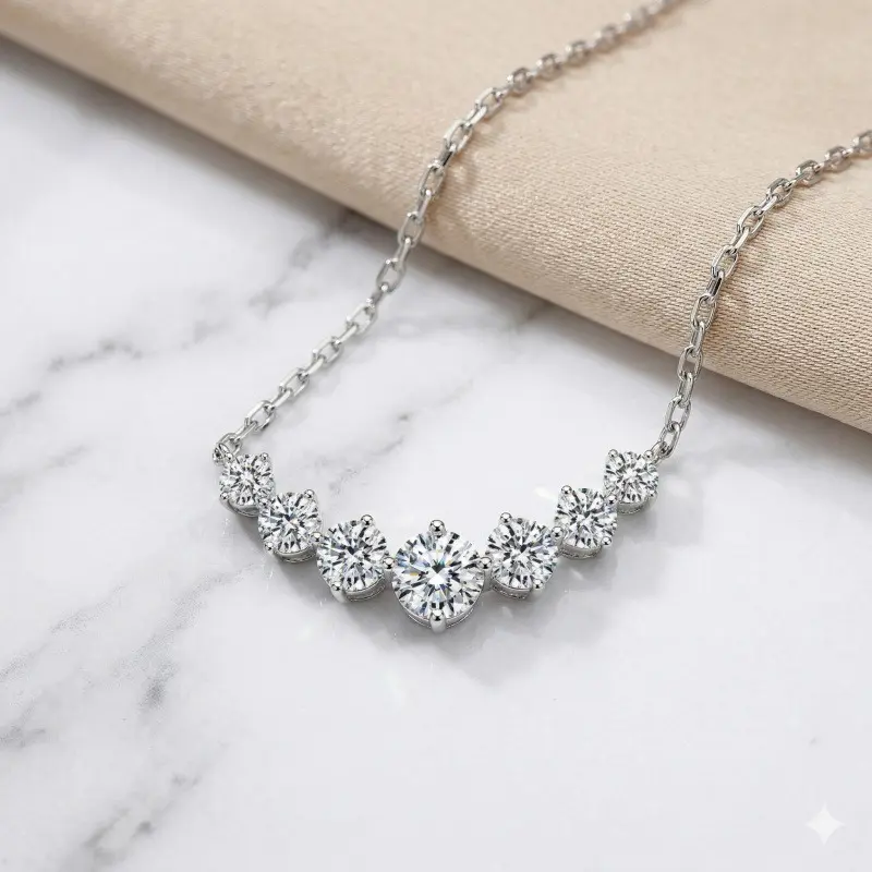 925 Silver 1ct Moissanite Diamond Smiley Face Graduated Link Collarbone Necklace, 7-Stones Gift-Ready Jewelry for Her, Mother's Day Gift Idea, Graduated Link Necklace