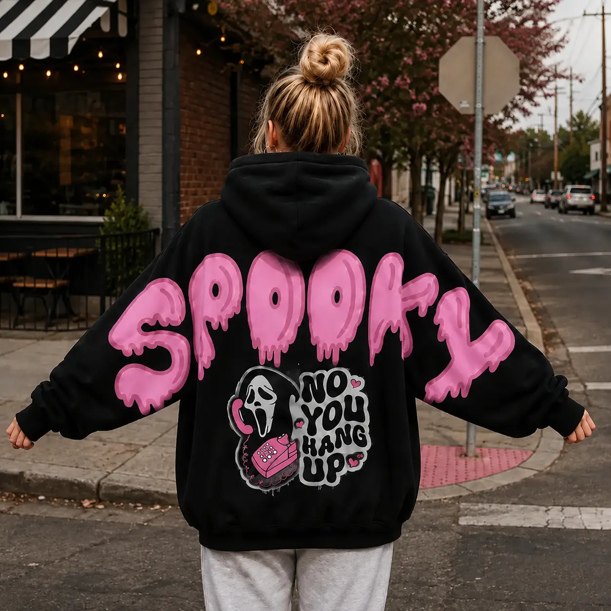 No You Hang Up GhostFace Pink Movie Horror V2 Shoulder-to-Shoulder Back Lettering Sweatshirt Hoodie, Scary Movie Graphic Pullover, Spooky Season, Gift for Him and Her, Vibes