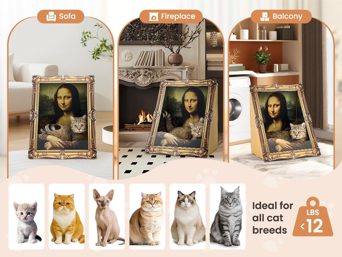 VAGASCAPE Mona Lisa Cat Scratcher Bed 2025 with Arm Front Panel Eco-Friendly Cardboard Cat House Easy-to-Assemble Artistic Home Decoration for Cats and Small Pets