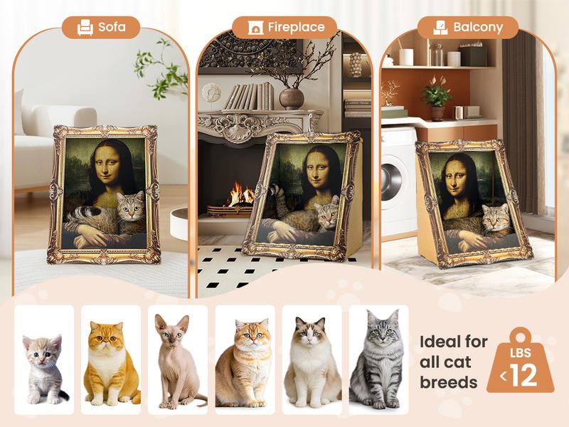 VAGASCAPE Mona Lisa Cat Scratcher Bed 2025 with Arm Front Panel Eco-Friendly Cardboard Cat House Easy-to-Assemble Artistic Home Decoration for Cats and Small Pets