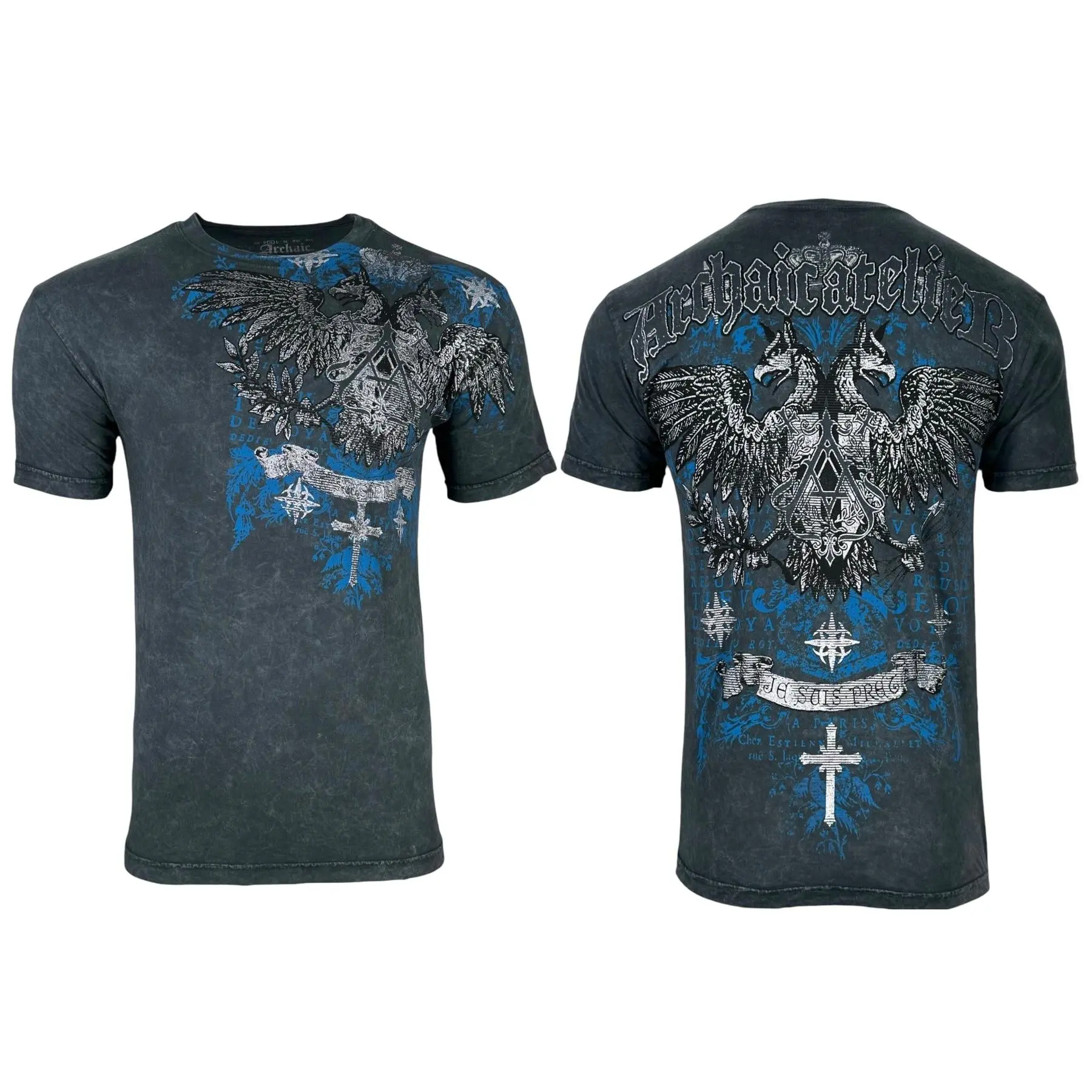 Archaic Men's Calcium Shortsleeve Graphic T-Shirt - 100% Cotton Crew Neck with Front & Back Print in Charcoal Lava