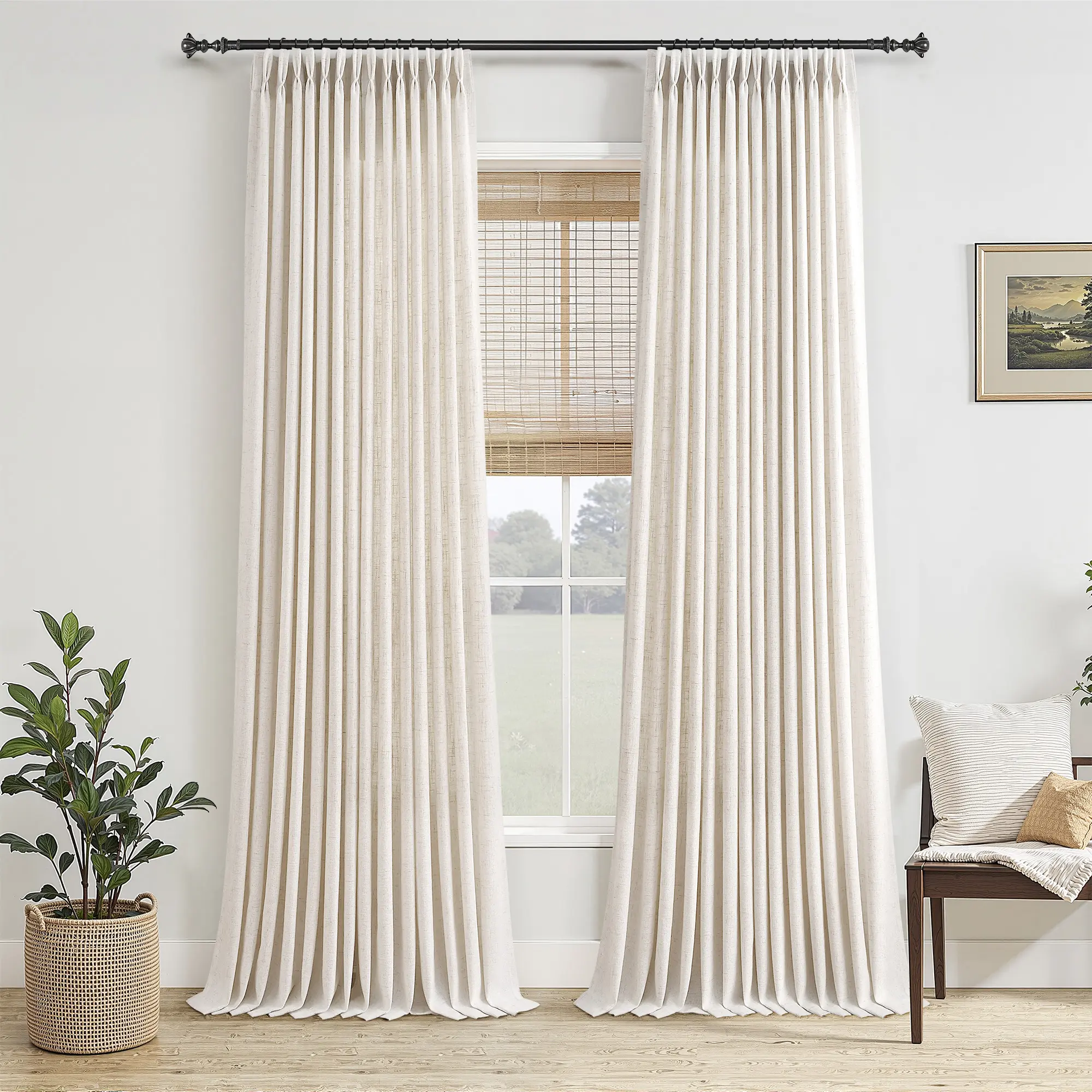 [Thickness Upgrade]Jowels Pinch Pleated Thick Linen Curtains 2 Panels Set for Living Room Flax Textured Drapes Pinch Pleat Hooks Rings Light Filtering Sheer Curtain for Bedroom Window