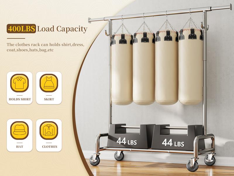 Raybee Heavy Duty Clothes Rack Load 450 LBS, Clothing Racks for Hanging Clothes Rolling Garment Rack with Wheels & Shelf,Portable & Adjustable Coat Rack ,Chrome, Golden
