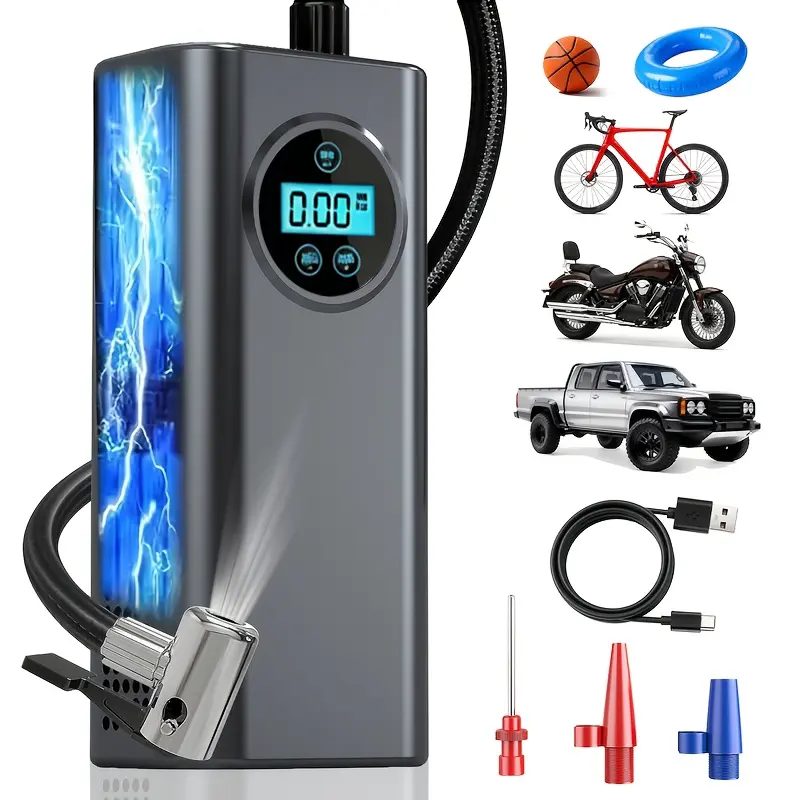 Portable Air Compressor for Cars/Motorcycles, with USB Charging, Multiple Nozzles, Pressure Control – Ideal for Sports Equipment & Vehicle Tire Repair