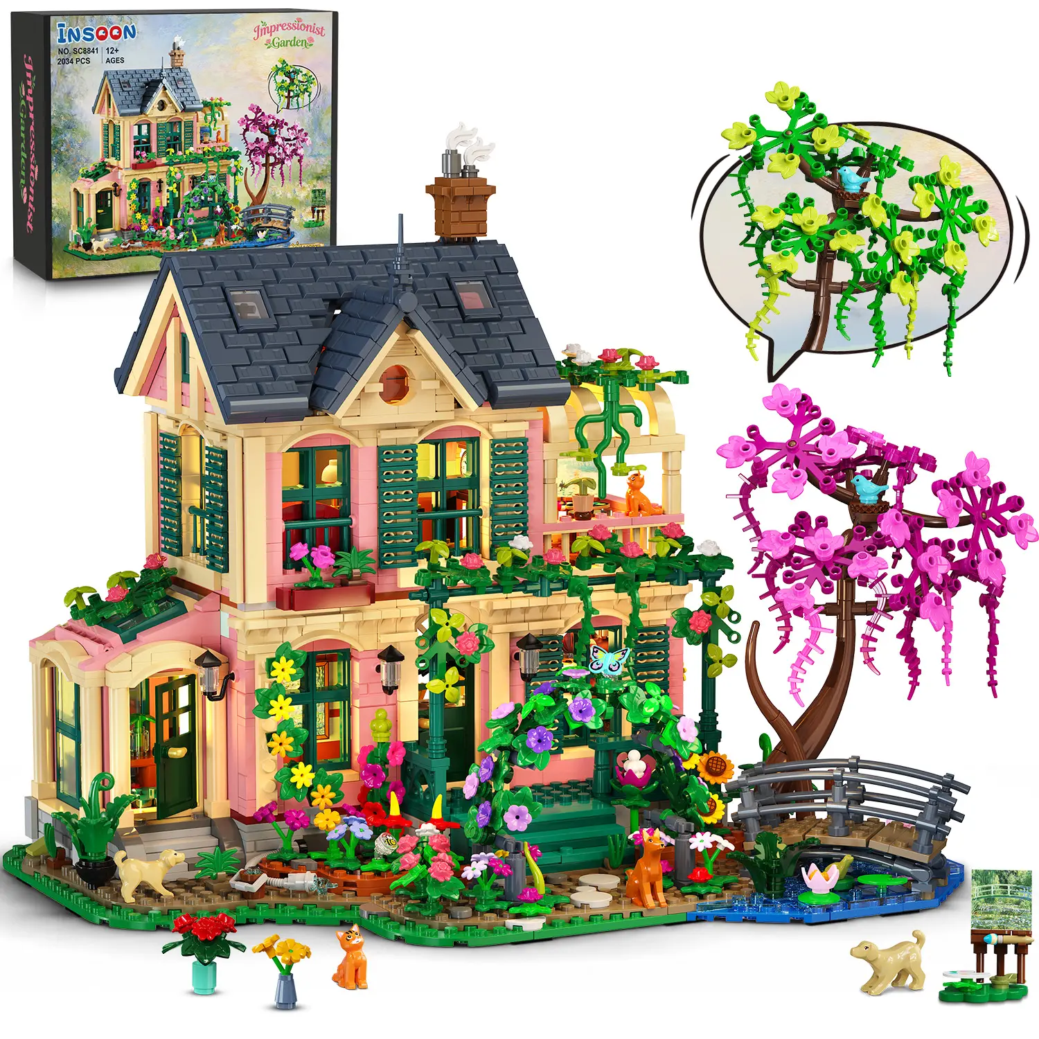 INSOON 2034-Piece Artist Garden House Building Set with Lights, European 2-Season Villa Manor Kit with Botanical Flower Garden, Collectible Home Décor Gift for Adults