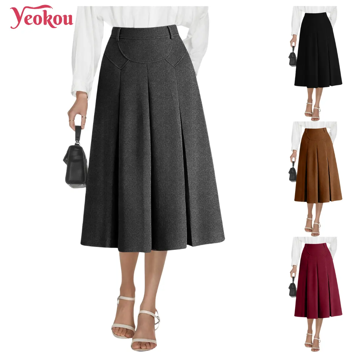 Yeokou Women's Elegant Wool-Blend Tweed Skirt - High-Waisted A-Line Pleated Midi Bottom with Pockets for Business Casual, Chic, Fitted Cut, Draped, Retro, Vintage, New Year, Wedding