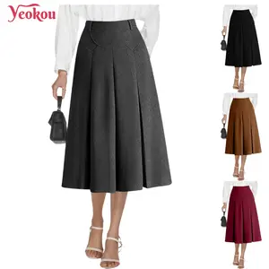 Yeokou High Waisted Wool Blend Tweed Midi Skirt | Women's A-Line Pleated Flare Skirt with Pockets for Business Casual Work Dressy Looks