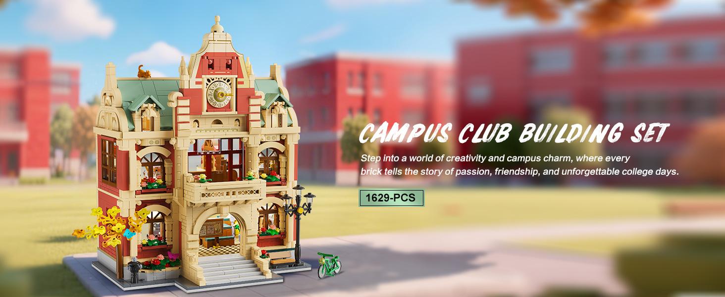 University Club House Building Set with Light,1629PCS City Campus Architecture Model with Painting Drama Baking Music Club, Home Decor Construction Building Block Gift for Adults Boys Girls 12+