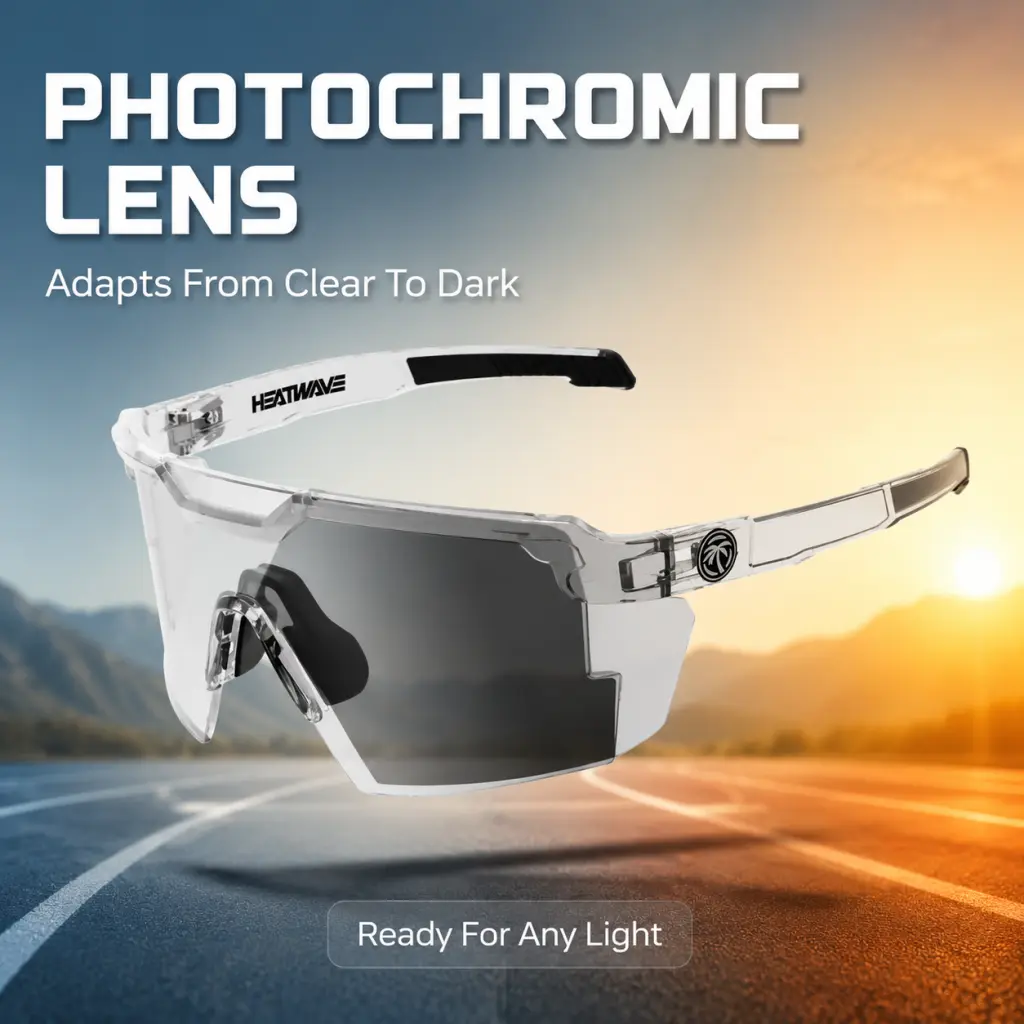 HEATWAVE Shield-X ANSI Z87+ Certified Sports Sunglasses, Photochromic & Mirrored Lenses Impact Resistant UV400 Cycling Glasses