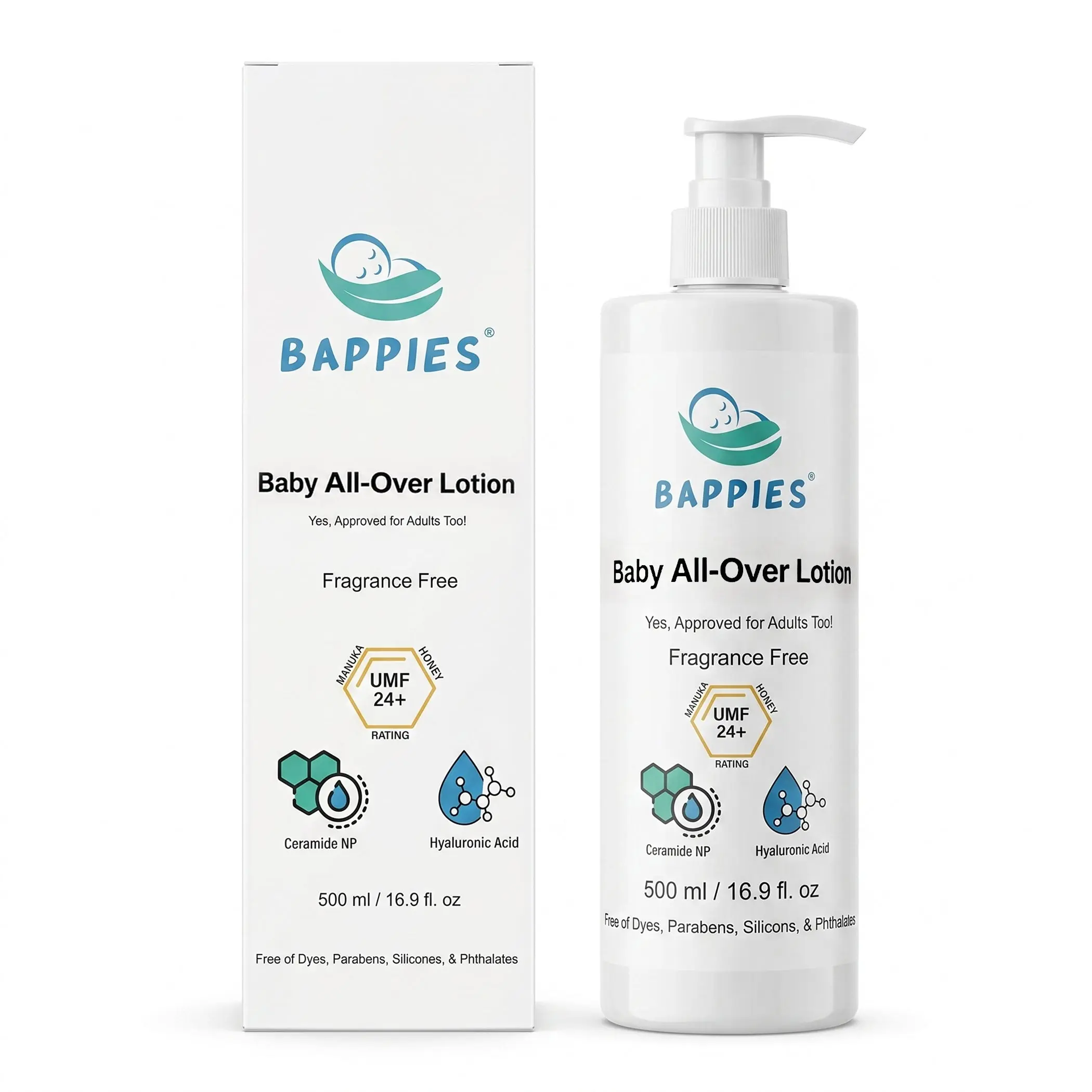 Bappies Fragrance-Free Baby Lotion for Sensitive Skin - Fast-Absorbing Moisturizer with Manuka Honey, Hyaluronic Acid, HSA/FSA Eligible