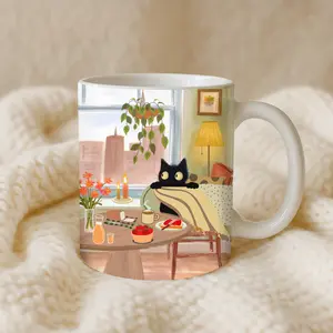 Black Cat Mug | Kawaii Cat Mug | Cozy Spring Cat Mug | Cat Mom Gift | Gift for Cat Lover