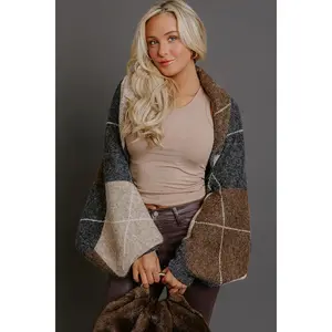 Cozy Lane Knit Plaid Shrug Cardigan in Charcoal