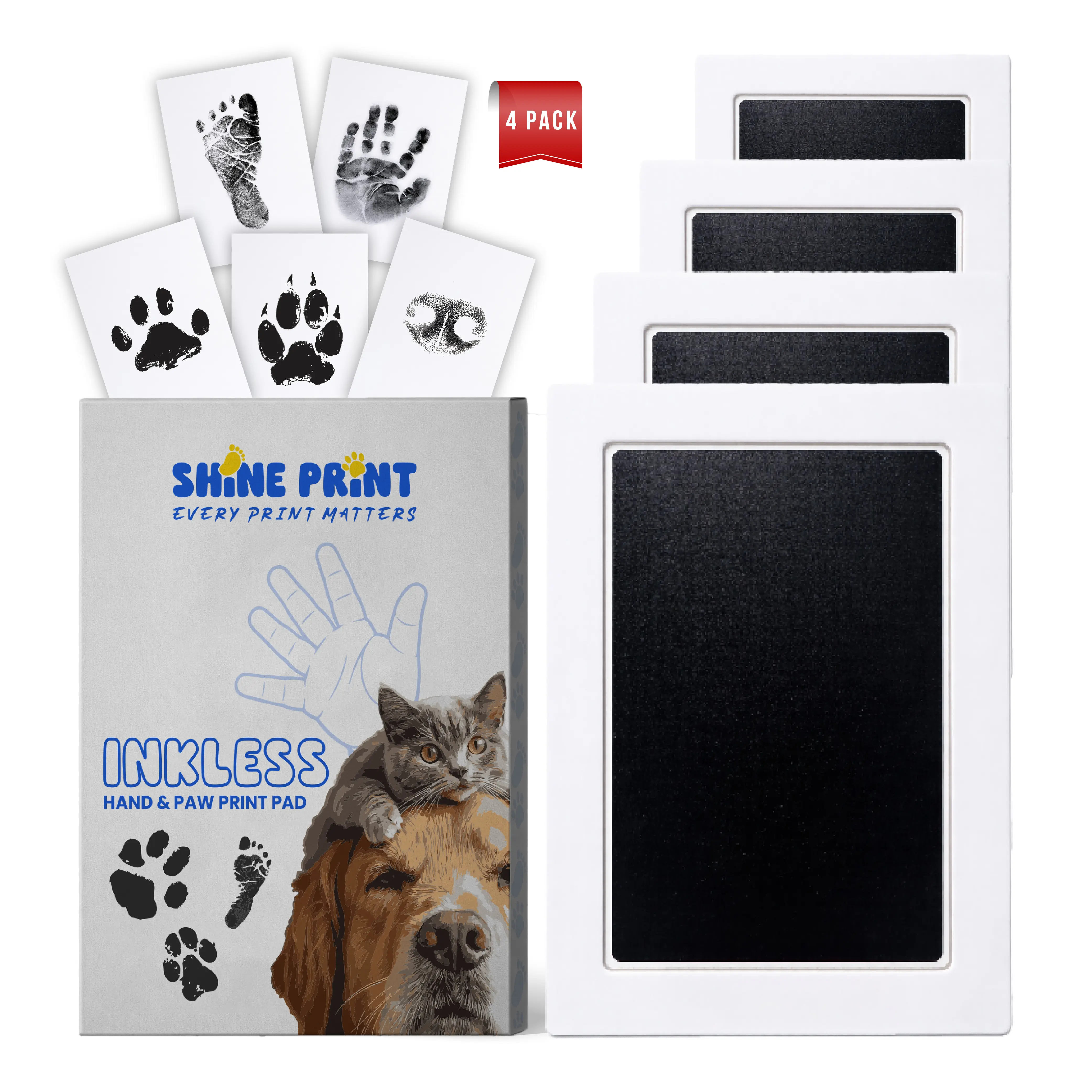 Shine Print 4-Pack Inkless Handprint & Paw Print Keepsake Kit – for Baby Hand & Footprints, Dog & Cat Paw and Nose Prints, 4 Clean Touch Ink Pads with 8 Impression Cards  Mess-Free & Safe (Jet Black)