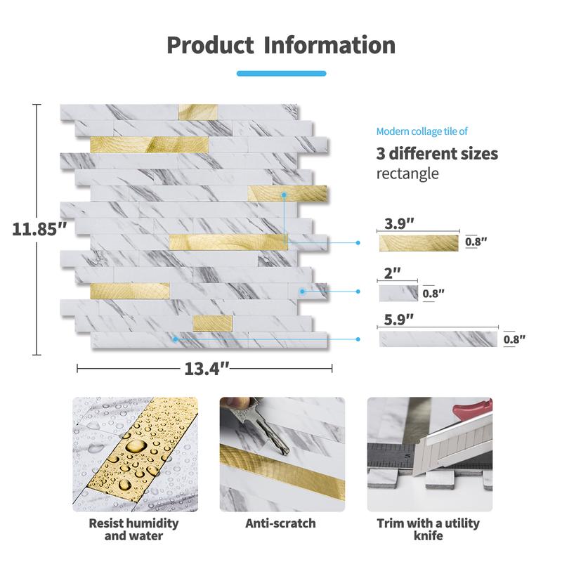 Art3d 10-Sheet 13.8‘’×11.8‘’ Peel and Stick Backsplash Vinyl Stone Tile for Kitchen, Bathroom,  Laundry Room Decor in White Slate with Gold Studded