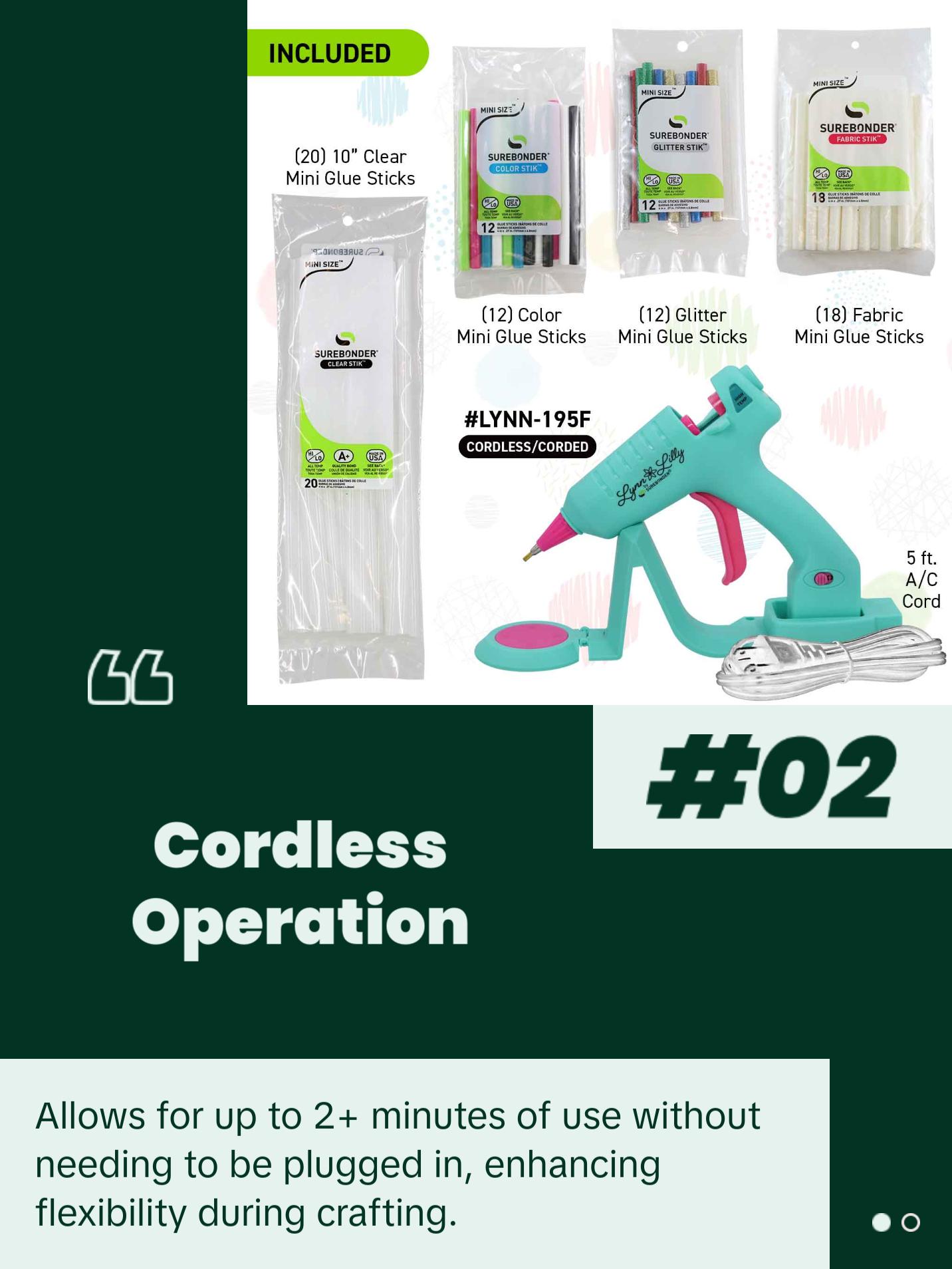 Surebonder x Lynn Lilly Edition Cordless/Corded Detail Tip Mini Glue Gun Kit with All Purpose, Color, Glitter, and Fabric Glue Sticks