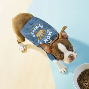 Dog Denim Jacket "Mom's Prince" with Crown Embroidery- Warm Fleece Lined Collar
