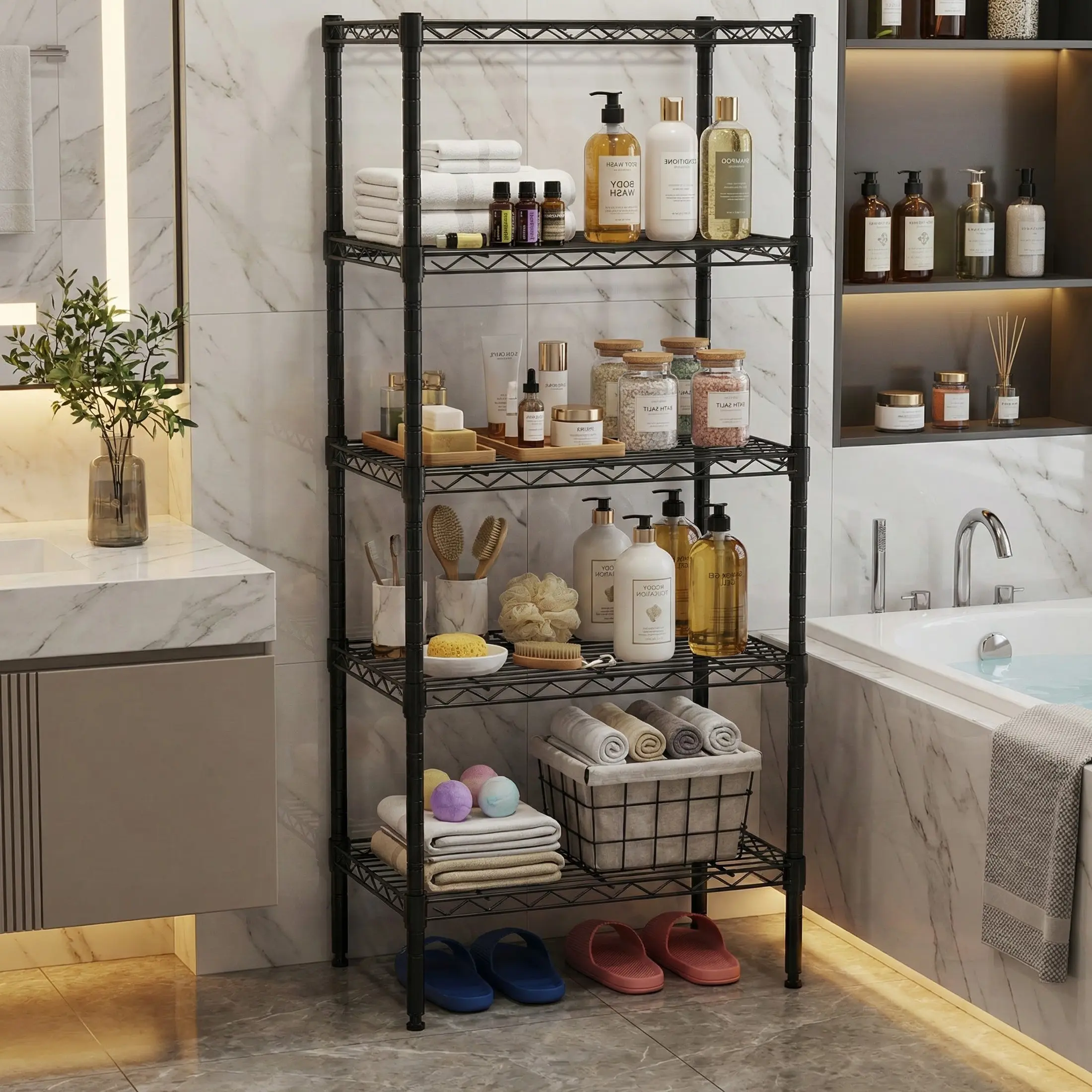 Heavy Duty Adjustable Rustproof Metal Storage Rack - Multi-Tiered Rectangular Open Multifunctional Storage Shelf, Durable Unit for Kitchen Accessories, Bathroom Organizer, Bedroom Shelves