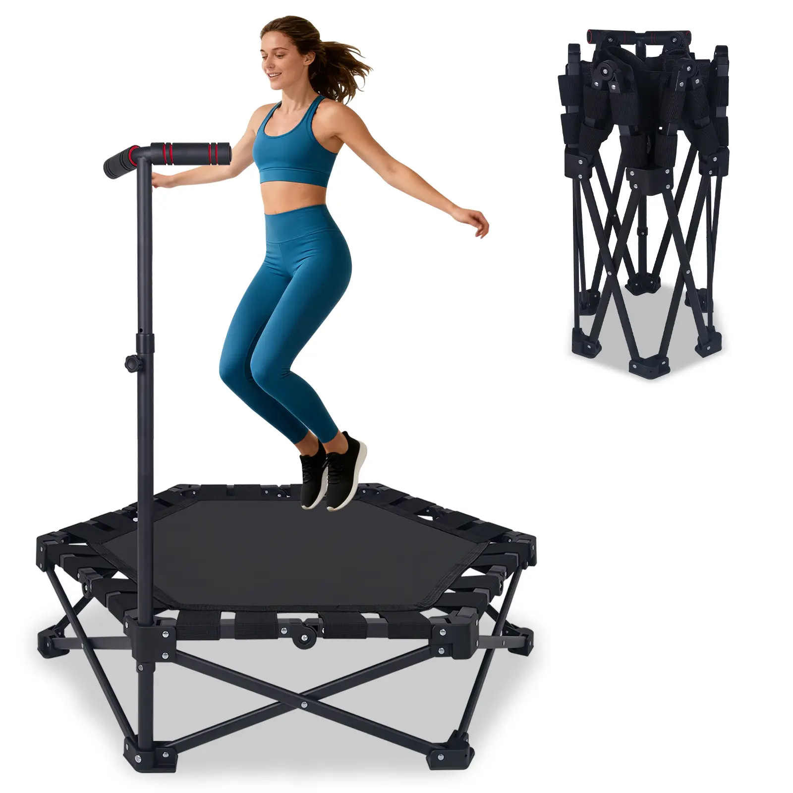 Foldable Mini Trampoline with 330LBS Capacity，5-Level Adjustable Foam T-Handle, Silent Indoor Fitness Rebounder Trampoline ，Pre-Assembled Quiet Elastic Bands Exercise Trampoline, Fold Design Save 90% Storage Space for Full Body  Burning Workout