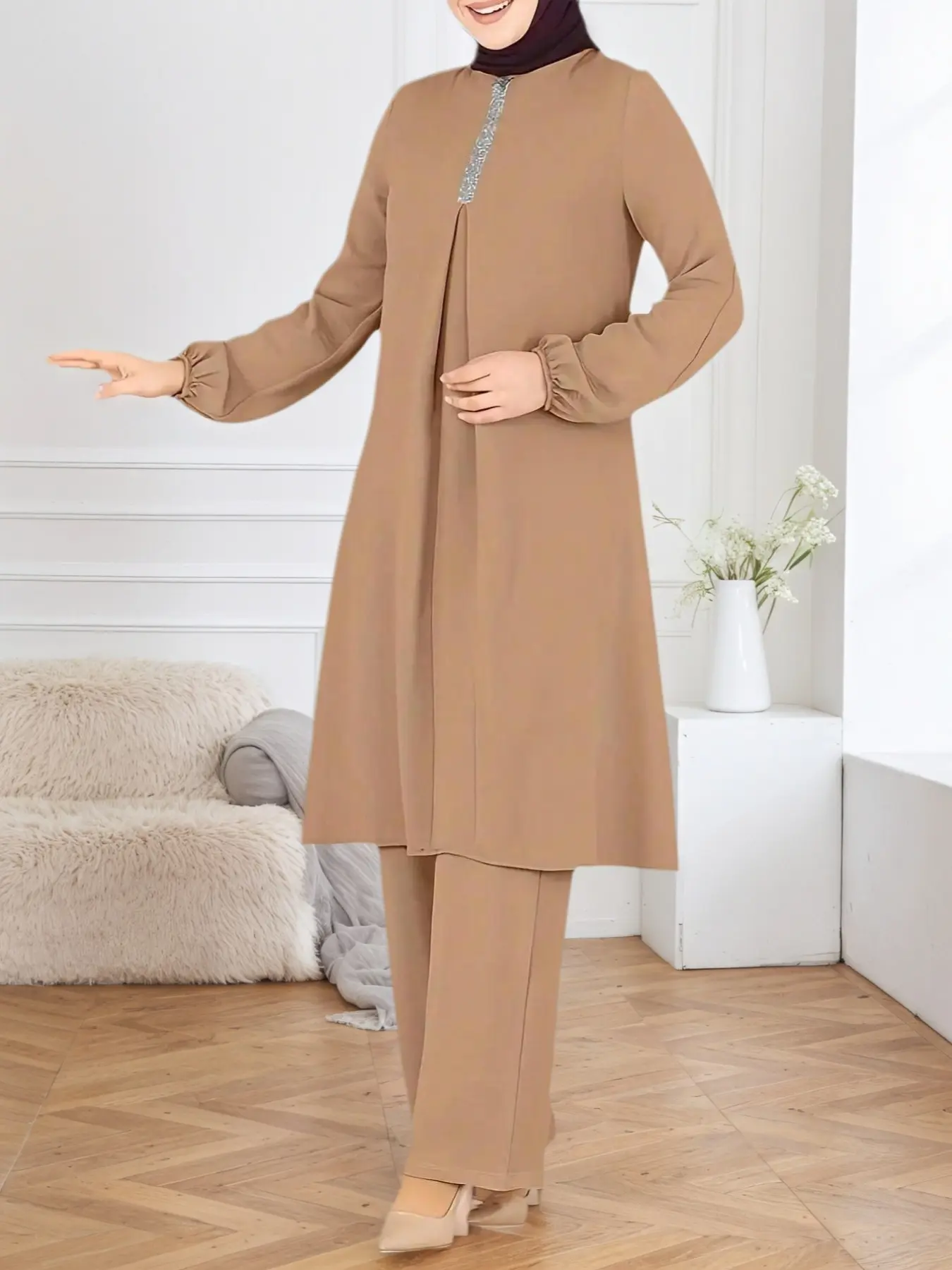 Women's Fashion Casual Elegant Solid Color Tunic Wide Leg Pants Two-Piece Set, Outfit Sets Women, Islamic Clothing Set For Muslim, Long Sleeve Loose-Fitting, All Seasons, Modest Style, Modesty, Muslim Abaya Hijab Set