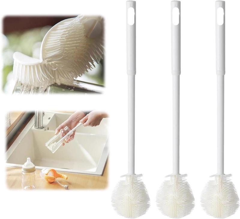 3pc Soft Bristle Silicone Cup Brush, 360°Silicone Cup Brush Long Handle Water Bottle Brush Cleaner, Cup Cleaner Brush Cup Lid Cleaning Brush For Narrow Neck Containers