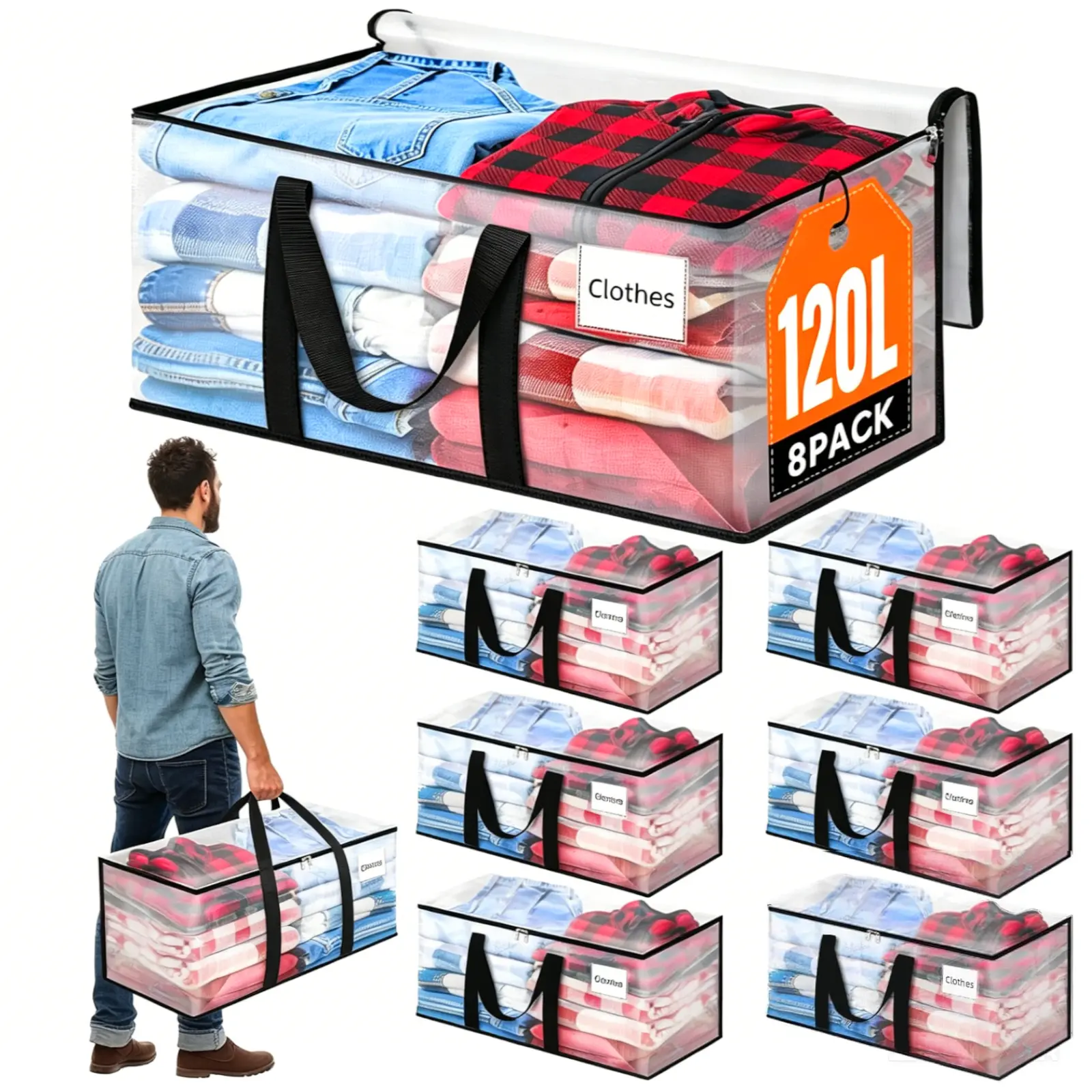 40/90/120L Extra Large Heavy Duty Moving Bags, Clear Storage Bins with Lids, Reinforced Handles & Heavy-Duty Zippers Moving Boxes Storage Bags Totes for Clothes Packing, Dorms, College Supplies, Moving Essential
