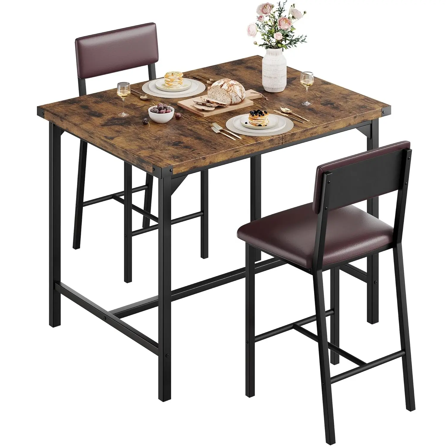 3‑Piece Bar Table Set for 2, Space‑Saving Dining Table & Padded Bar Stools with Backrest & Footrest, Metal Frame Kitchen Set, Easy to Clean
